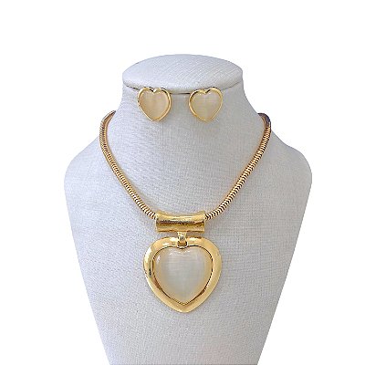 Conjunto Folheado Ouro 18k e Prata 925 Pedraria Coração Malha