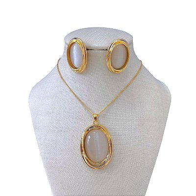 Conjunto Folheado Ouro 18k e Prata 925 Pedraria Oval