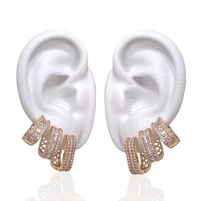 Trio Brincos Folheado Ouro 18k e Prata 925 Argolas Quadrada Cravejada