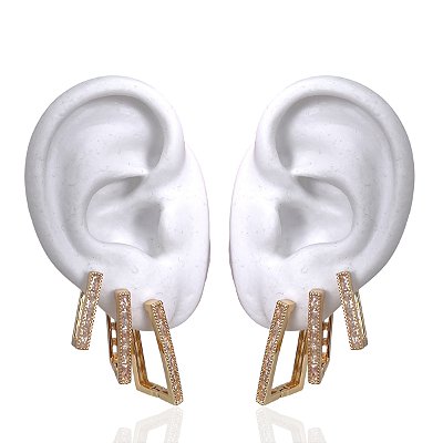 Trio Brincos Folheado Ouro 18k e Prata 925 Argolas Quadrada Cravejada
