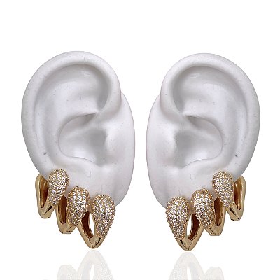 Trio Brincos Folheado Ouro 18k e Prata 925 Argolas Coração Cravejado