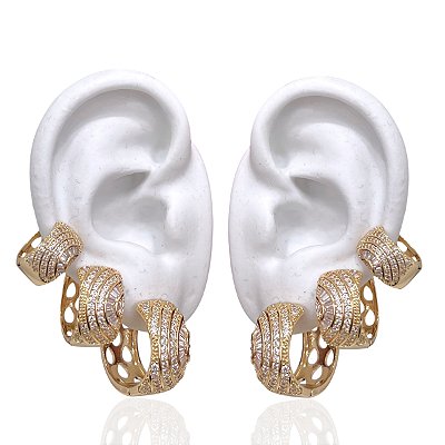 Trio Brincos Folheado Ouro 18k e Prata 925 Argolas Desenhada Cravejada