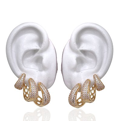 Trio Brincos Folheado Ouro 18k e Prata 925 Argolas Cravejada