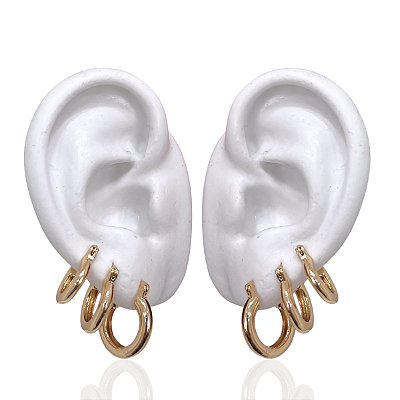 Trio Brincos Folheado Ouro 18k e Prata 925 Argolas Canoa Abaulada