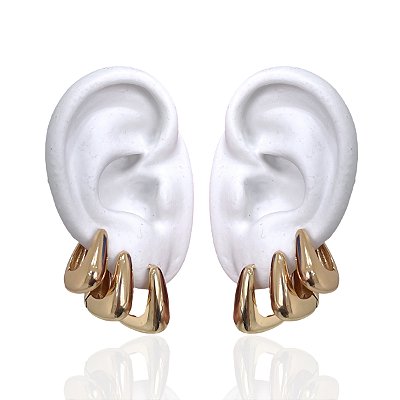 Trio Brincos Folheado Ouro 18k e Prata 925 Argolas Quadrada Abaulada