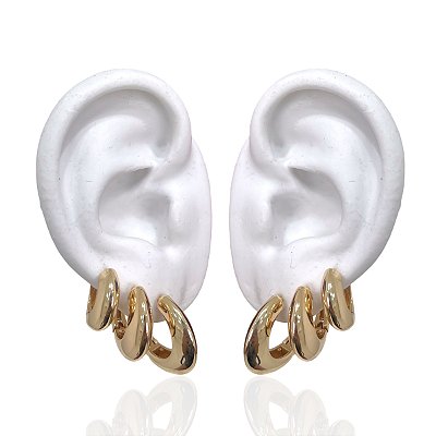 Trio Brincos Folheado Ouro 18k e Prata 925 Argolas Abaulada