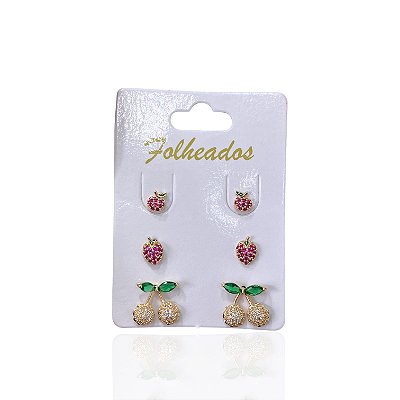Trio Brincos Folheado Ouro 18k e Prata 925 Frutas Cravejada