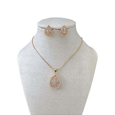 Conjunto Folheado Ouro 18k e Prata 925 Gota Cravejada