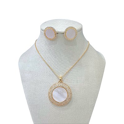 Conjunto Folheado Ouro 18k e Prata 925 Redondo Madrepérola Cravejado