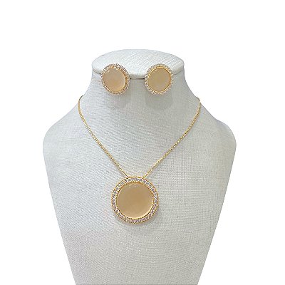 Conjunto Folheado Ouro 18k e Prata 925 Pedraria Redondo Cravejado