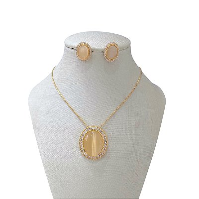Conjunto Folheado Ouro 18k e Prata 925 Pedraria Oval Cravejado