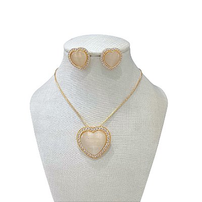 Conjunto Folheado Ouro 18k e Prata 925 Pedraria Coração Cravejado