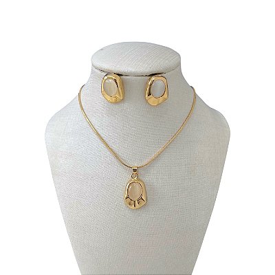 Conjunto Folheado Ouro 18k e Prata 925 Pedraria Oval Orgânico