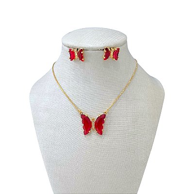 Conjunto Folheado Ouro 18k Borboleta Cristal