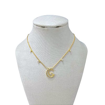 Colar Folheado Ouro 18k Lua Cravejada