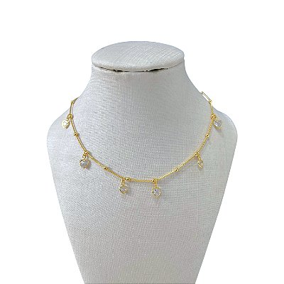 Choker Folheada Ouro 18k Bolinhas Corações Cristais