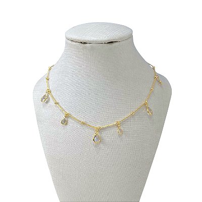 Choker Folheada Ouro 18k e Prata 925 Bolinhas Ponto de Luz Cristais