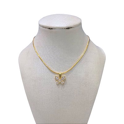 Colar Folheado Ouro 18k Laminada Borboleta Cravejada