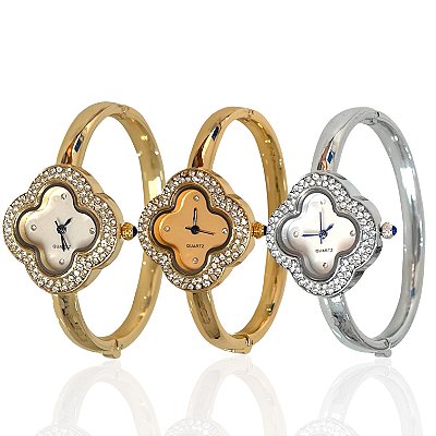 Relógio Aço Feminino Bracelete Inspired Trevo Strass
