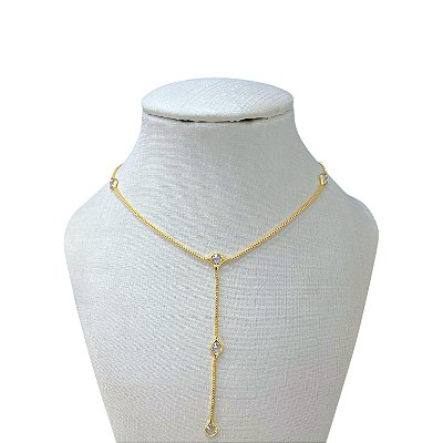 Colar Folheado Ouro 18k e Prata 925 Gravatinha Cristais