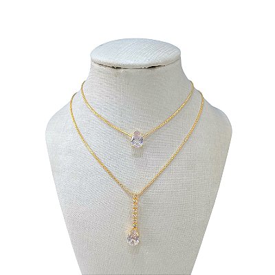 Colar Duplo Folheado Ouro 18k Gravatinha Gota Cravejada