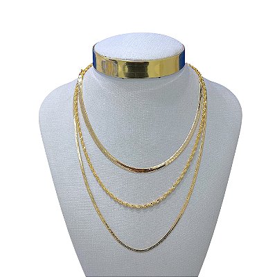 Colar Triplo Folheado Ouro 18k Fita Laminada Torcida