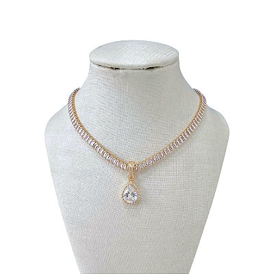 Colar Folheado Ouro 18k e Prata 925 Riviera Gota Cravejada