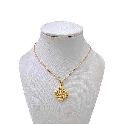 Colar Folheado Ouro 18k Trevo Inspired Cravejado