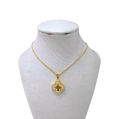 Colar Folheado Ouro 18k Trevo Inspired Cravejado