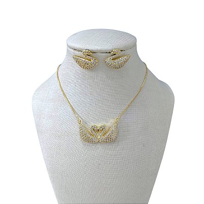 Conjunto Folheado Ouro 18k e Prata 925 Cisne Cravejado