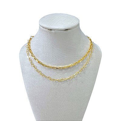 Choker Dupla Folheada Ouro 18k e Prata 925 Elos Corações