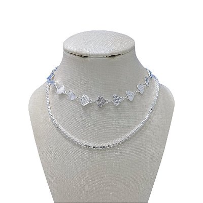 Choker Dupla Folheada Ouro 18k e Prata 925 Riviera Corações Trabalhado