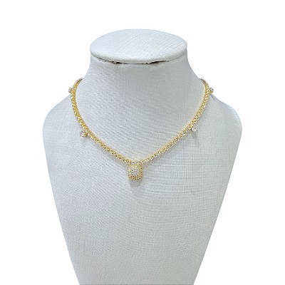 Choker Folheada Ouro 18k Riviera Quadrado Cravejado