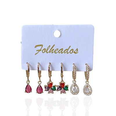 Trio Brincos Folheado Ouro 18k e Prata 925 Argolas Gotas Trevo Cravejado