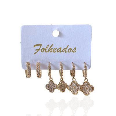 Trio Brincos Folheado Ouro 18k e Prata 925 Argolas Trevos Cravejado