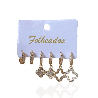 Trio Brincos Folheado Ouro 18k e Prata 925 Argolas Trevos Vazado Cravejado