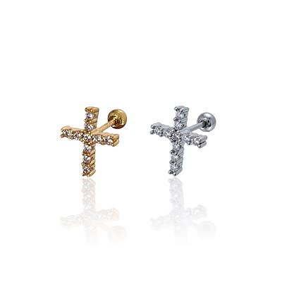 Piercing Aço Inoxidável Dourado e Prata Tragus Cruz Cravejado