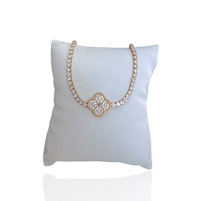 Pulseira Folheada Ouro 18k e Prata 925 Riviera Trevo Cravejada Trava