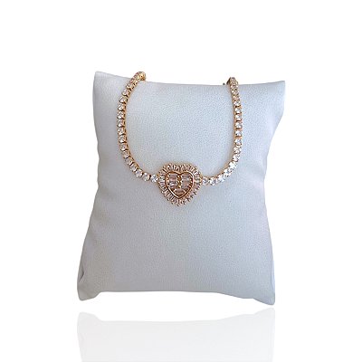 Pulseira Folheada Ouro 18k e Prata 925 Riviera Coração Vazado Cravejado Trava