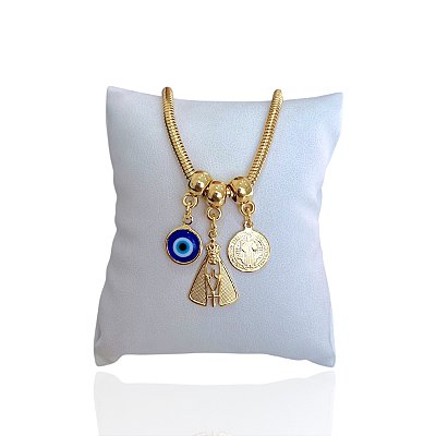 Pulseira Folheada Ouro 18k Malha Nossa Senhora Olho Grego São Bento