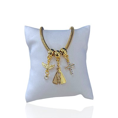 Pulseira Folheada Ouro 18k e Prata 925 Malha Espírito Santo Nossa Senhora Cruz Cravejada