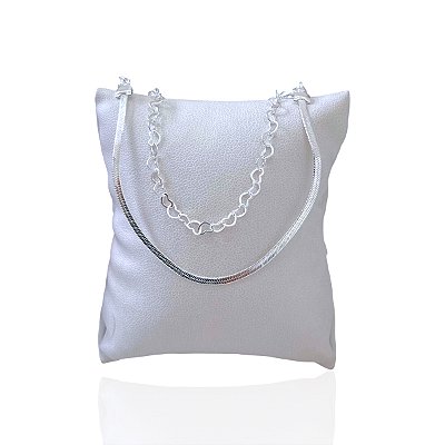 Pulseira Folheada Prata 925 Dupla Elos Corações Fita Laminada