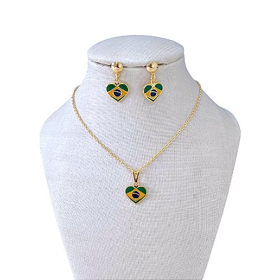 Conjunto Folheado Ouro 18k e Prata 925 Coração Brasil