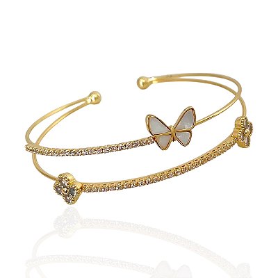 Bracelete Folheado Ouro 18k e Prata 925 Borboleta Madrepérola Trevo Cravejado