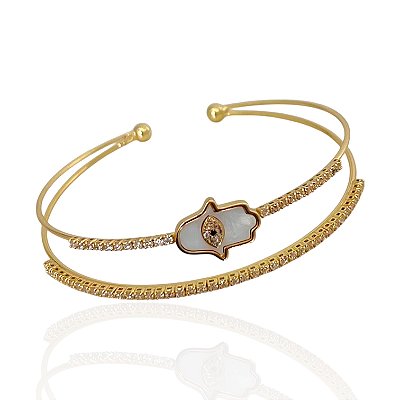 Bracelete Folheado Ouro 18k e Prata 925 Mão de Hamsá Cravejada