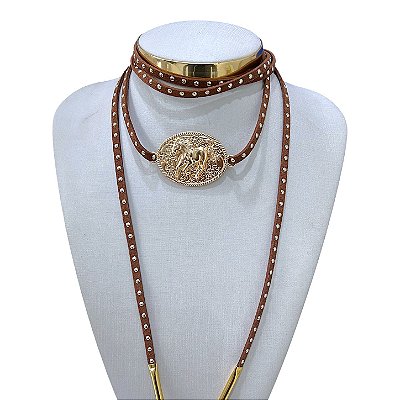 Choker Couro Bijuteria Dourado e Prata Country Cavalo