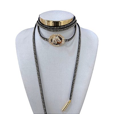 Choker Couro Bijuteria Dourado Country Cavalo