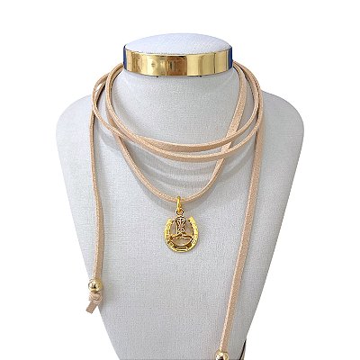 Choker Couro Bijuteria Dourado Country Ferradura Bota