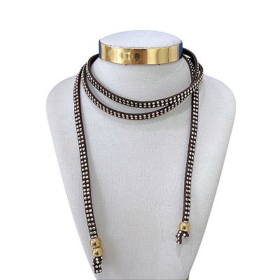 Choker Couro Trabalhado Bijuteria Dourado Country
