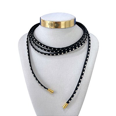 Choker Couro Trabalhado Bijuteria Dourado Country